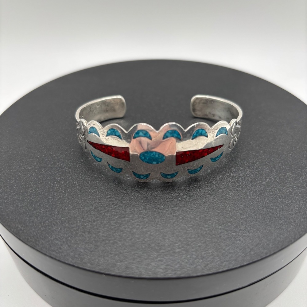 Vintage 1970's Sterling 925 Cuff Bracelet Silver Turquoise Coral Inlay Native - Picture 1 of 7